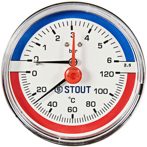 Термоманометр аксиальный с запорным клапаном 1/2 80мм 10 бар Stout